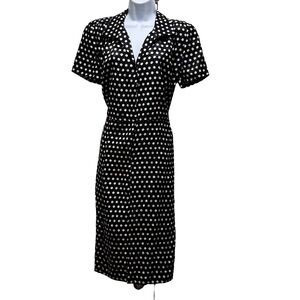 Vintage Adrianna Papell Black & White Polka Dot Silk Short Sleeves Midi Dress